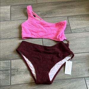 Pink and Burgundy One Shoulder Swim One Piece
